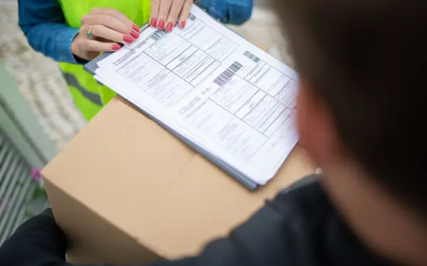 Courier hands over a package for delivery with signing of receipt documents.